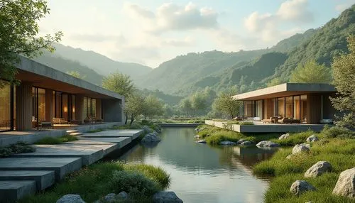 amanresorts,3d rendering,house in the mountains,render,asian architecture,house by the water,house in mountains,floating huts,luxury property,home landscape,zen garden,landscaped,forest house,japanese zen garden,roof landscape,idyllic,pool house,shangri,grass roof,snohetta,Photography,General,Realistic