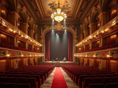 Baroque style concert house, ornate details, grand staircase, intricately carved banisters, gilded frames, velvet curtains, luxurious chandeliers, marble floors, high ceilings, dramatic lighting, gold