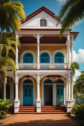 Paramaribo architecture, wooden colonial-style building, grand entrance, intricate carvings, ornate balcony, tropical plants, vibrant colors, sunny day, bright blue sky, few white clouds, palm trees s