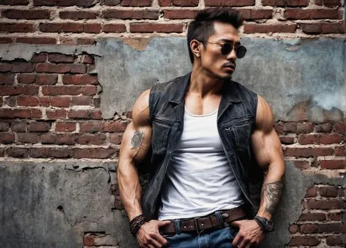 Muscular man, mature, 30s, strong jawline, short messy brown hair, sunglasses, rough skin tone, ripped denim jeans, black leather belt, white sleeveless shirt, tattoo on arm, standing, leaning against