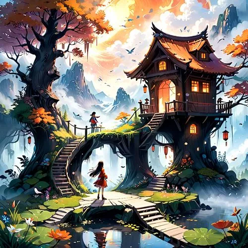 fairy village,witch's house,halloween background,autumn background,fairy world,ghibli,Anime,Anime,Realistic