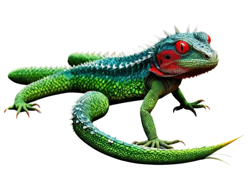 Tribal lizard, green scaly skin, spiky back, sharp claws, red eyes, tribal patterns on body, intricate designs, bold lines, vibrant colors, 3D appearance, detailed textures, close-up shot, shallow dep