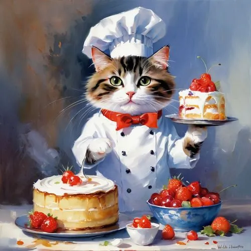 tea party cat,chef,pastry chef,caterer,petit gâteau,napoleon cat,soufflé,sufganiyah,confectioner,calico cat,shortcake,cooking book cover,fondant,little cake,strawberrycake,culinary art,blini,chef hat,cookery,étouffée,Conceptual Art,Oil color,Oil Color 03