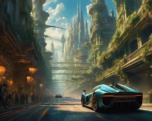 futuristic landscape,futuristic car,street canyon,sci fiction illustration,ancient city,fantasy landscape,racing road,alpine drive,tesla roadster,le mans,ford gt 2020,caterham 7,concept art,fantasy city,sports car racing,world digital painting,3d car wallpaper,gulf,fleet and transportation,sci-fi,Conceptual Art,Fantasy,Fantasy 05