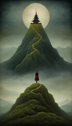 Write a suspenseful story set on a dark and misty rice mountain.,laser buddha mountain,somtum,mountain scene,theravada buddhism,mountain landscape,pachamama,japan landscape,buddhists monks,mountain pe