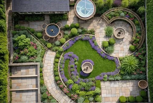 an aerial view of an outdoor seating area in a garden,biopiracy,garden design sydney,garden sculpture,garden of plants,climbing garden,landscape designers sydney,Photography,General,Realistic