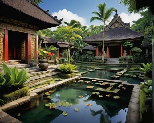 Bali style architecture, traditional temple, intricate carvings, ornate doors, tropical plants surrounding, vibrant flowers blooming, lush greenery, water features, koi pond, stepping stones, serene a