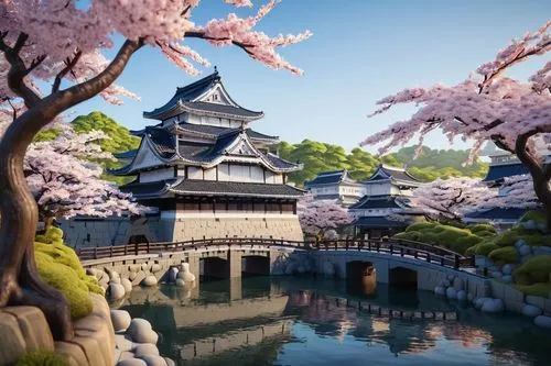 Himeji Castle, Lego Architecture 21060, Japanese feudal era, medieval-style castle, majestic stone walls, intricate wooden bridges, curved roofs, ornate windows, traditional Japanese gates, vibrant ch