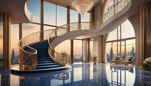 penthouses,luxury home interior,luxury property,staircase,dreamhouse,circular staircase,luxury home,winding staircase,luxury real estate,outside staircase,largest hotel in dubai,jumeirah,palladianism,3d rendering,palatial,luxe,mansion,habtoor,spiral staircase,balcony,Illustration,Realistic Fantasy,Realistic Fantasy 01