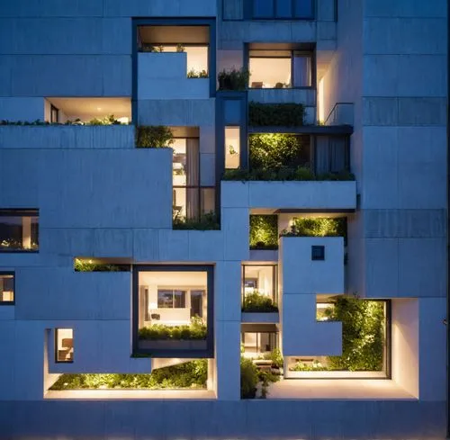 Modern architecture, green and sustainable design style, Birds-eye perspective, Canon, roof garden,  8k, Full HD , glowing و A modern building illuminated at night with strategic lighting. The facade 