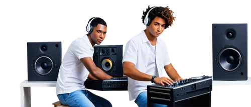 DJ, music producer, male, black headphones, casual wear, white shirt, jeans, sneakers, mixing console, laptop, studio monitor speakers, vinyl records, CDs, musical notes, sound waves, warm lighting, c