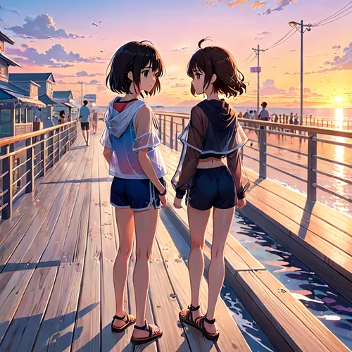 boardwalk,on the pier,beach walk,holding hands,board walk,summer evening,hiyayakko,hold hands,two girls,seaside,pier,by the sea,hands holding,docks,hand in hand,anime 3d,dock,love bridge,walk on the beach,anime japanese clothing,Anime,Anime,Realistic