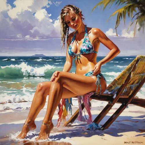 donsky,world digital painting,beach chair,fischl,blue hawaii,struzan,beach background,hawaiiana,beachcomber,wahine,beach scenery,photo painting,beachgoer,photorealist,polynesian girl,kanaloa,verano,luau,oil painting,bronzing,Conceptual Art,Oil color,Oil Color 09