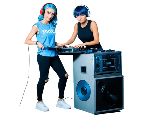 Young woman, DJ, headphones, blue hair, sleeveless shirt, ripped jeans, sneakers, mixing console, vinyl records, microphone, stage lights, fog machine, low-angle shot, 3/4 composition, vibrant colors,