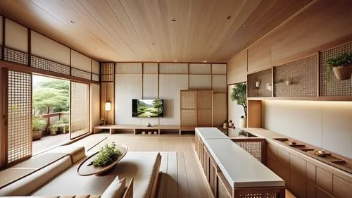 This design shows the living room and kitchenette in the spring Japanese style hot spring hotel suite that combines Japanese style with Puli culture. The main colors are teak wood and milk tea tones, 