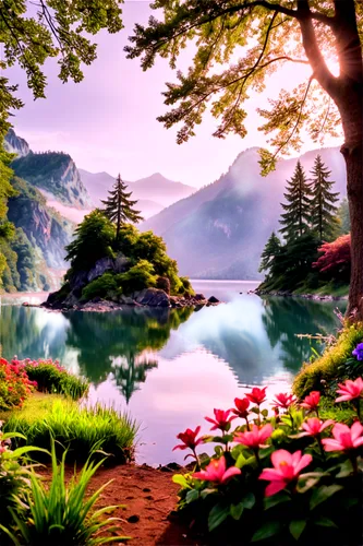 Majestic landscape, misty mountains, serene lake, lush greenery, towering trees, vibrant flowers, soft sunlight filtering through leaves, gentle breeze, 3/4 composition, shallow depth of field, warm c