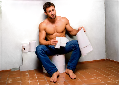 Muscular man, sitting, toilet, messy bathroom, sweat droplets on forehead, worried expression, brown hair, rugged beard, white tank top, dark blue jeans, bare feet, legs apart, holding toilet paper, f