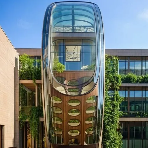 an architectural masterpiece featuring a stunning glass facade that seamlessly merges with lush vegetation. The building's transparent exterior reflects the natural surroundings while allowing the war