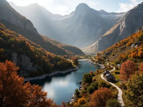 Panoramic mountain views, rolling hills, serene lakeside, majestic waterfall, dramatic cliffside, rugged rock formations, winding hiking trails, rustic wooden bridges, vibrant autumn foliage, misty mo