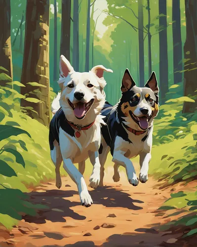 Paint a tranquil picture of two content dogs happily running together in a lush, green forest, surrounded by peaceful nature sounds.,two running dogs,corgis,dog hiking,two dogs,walking dogs,dog illust