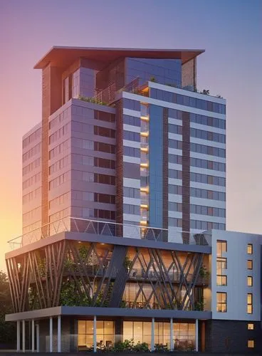 CREATE PHOTREALISTIC RESIDENTIAL BUILDING , BLENDER RENDER, CGI RENDER,
VRAY RENDER, FOGGY ENVIRMENT ,an artist's rendering of a colorful modern building with blue windows,novotel,potawatomi,rotana,me