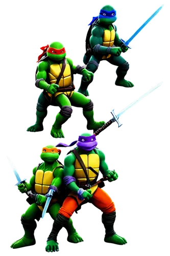 Teenage Mutant Ninja Turtles, four brothers, Leonardo, Donatello, Michelangelo, Raphael, green skin, red, orange, blue, purple masks, ninja costumes, holding swords, sai, nunchucks, bo staff, New York