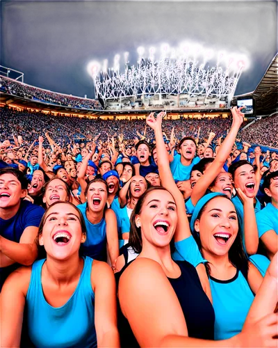 excited crowd, cheering audience, loud applause, shouting fans, bright stadium lights, evening atmosphere, panoramic view, shallow depth of field, vibrant color tone, dynamic composition, sports event