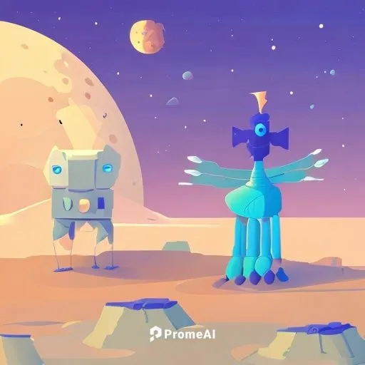 alien and his spaceship on the surface of a planet full of craters,desert fox,moon rover,asterales,lunar,blu,nebula guardian,sand fox,barren,indigo,desert background,blue-winged wasteland insect,low p