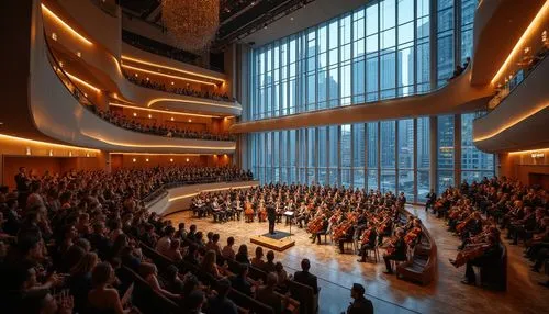 Modern performing arts center, international style, grand staircase, sleek marble floors, geometric patterns, minimalist chandeliers, floor-to-ceiling windows, panoramic city view, urban skyscraper ba