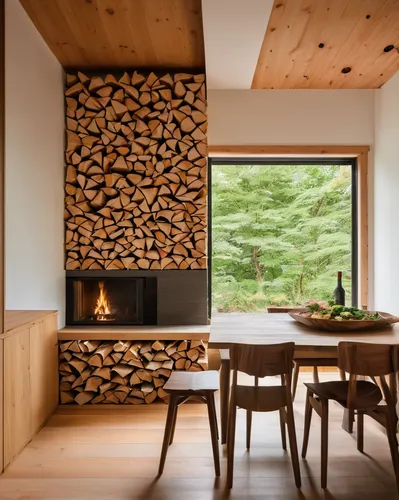 Firewood stacked in the wall makes the dining area cozier,wood stove,fire place,wood-burning stove,timber house,wood pile,western yellow pine,wood window,wooden beams,wood wool,fireplaces,knotty pine,