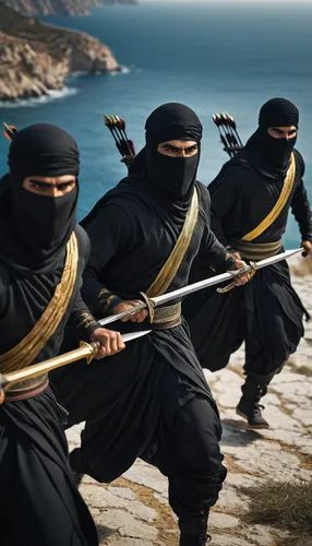 Three Persian immortal warriors in black clothes with golden arrows, faces hidden by black clothes, curved sword in hand, running, background sea, Greek coast, olive valley,ninjas,assassins,massively 