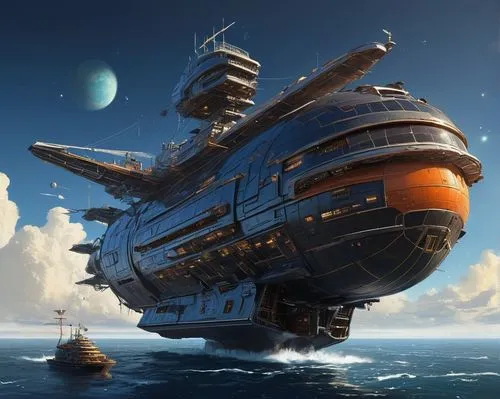 skyship,carrack,sea fantasy,airships,battlecruisers,battlefleet,megaships,helicarrier,battlecruiser,blockship,galleon,heerema,dreadnought,sci fiction illustration,spelljammer,airship,bathysphere,shipbroker,releasespublications,atlanticus,Conceptual Art,Sci-Fi,Sci-Fi 01