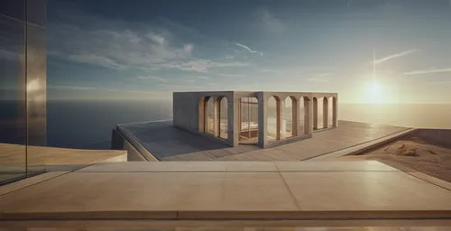 egyptian temple,dunes house,3d rendering,ancient greek temple,greek temple,sky space concept,the observation deck,temple of poseidon,cubic house,mirror house,skyscapers,observation deck,virtual landsc