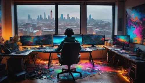 AI art editor, futuristic desk setup, ergonomic chair, modern studio, multiple monitors, colorful wires, sleek keyboard, advanced mouse, creative messy workspace, inspirational art pieces on walls, ci