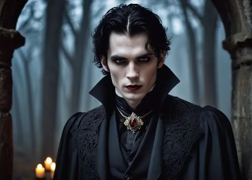 Gothic vampire, mysterious male, pale skin, sharp facial features, piercing red eyes, dark eyeliner, messy black hair, fangs, Victorian-style suit, black cape, ornate brooch, velvet vest, lace cuffs, 