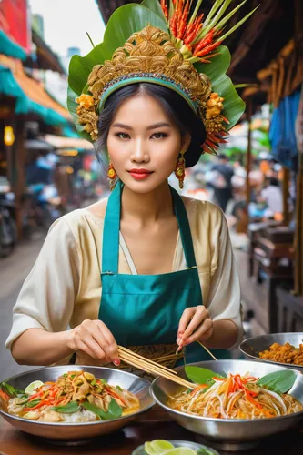 Embark on a gastronomic adventure and savor the exquisite flavors of authentic Thai street food.,laotian cuisine,thai cuisine,vietnamese woman,vietnamese cuisine,asian conical hat,thai northern noodle