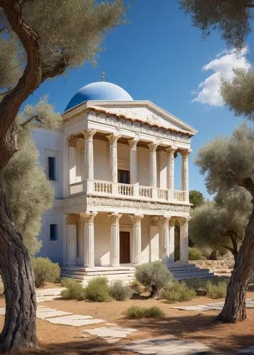 Ancient Greek style building, white marble columns, ornate carvings, statues of gods, intricate frieze, blue dome, surrounding olive trees, sunny day, cloudless sky, gentle breeze, subtle shadows, war