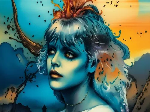 a woman is wearing makeup and has blue hair,undine,elfquest,amphitrite,blue enchantress,mystique,blue hawaii,Illustration,Realistic Fantasy,Realistic Fantasy 25