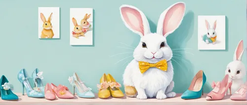 Create a whimsical children's book about a mischievous rabbit who loves collecting and wearing different pairs of Bella Belle shoes.,easter rabbits,rabbits and hares,rabbits,easter background,rabbit f