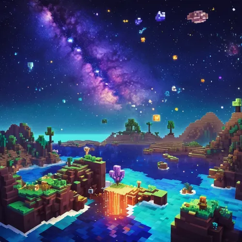 spacescraft,cube sea,dream world,mushroom island,alien world,floating islands,fairy galaxy,starscape,fairy world,space port,an island far away landscape,diamond lagoon,cube background,rainbow world map,coral reef,3d fantasy,underwater oasis,ocean paradise,futuristic landscape,atlantis,Unique,Pixel,Pixel 03