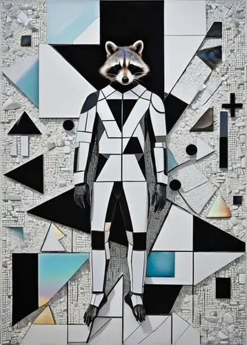 cubism,grey fox,geometrical animal,rocket raccoon,suit of spades,digiart,south american gray fox,random access memory,raccoon,raccoons,anthropomorphized animals,fragmentation,north american raccoon,geometric body,polygonal,paper art,mammal,zero,roy lichtenstein,geometrical cougar,Art,Artistic Painting,Artistic Painting 46