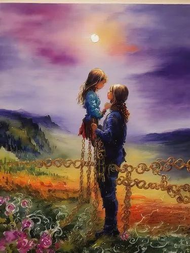 shepherd romance,loving couple sunrise,romantic scene,love in the mist,oil painting on canvas,land love,way of the roses,fantasy picture,purple landscape,church painting,romantic portrait,young couple