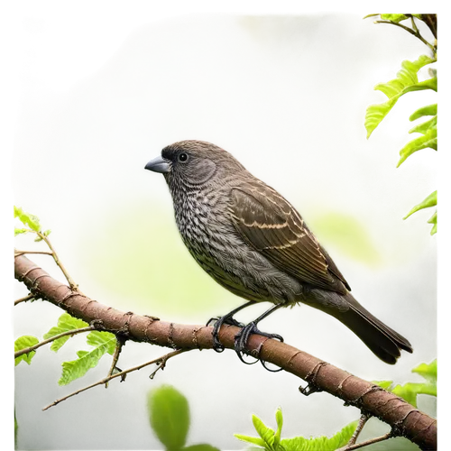 Natural scene, Darwin's finches, Galapagos Islands, tropical forest, lush greenery, vines entwined trees, misty atmosphere, warm sunlight filtering through leaves, 3/4 composition, shallow depth of fi