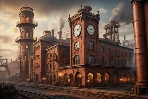 petrograd,dishonored,victoriana,fabrik,theed,industrial landscape,railroad station,bioshock,blackburne,victorian,manufactory,industrial ruin,freight depot,old factory,train depot,victorians,abandoned train station,industrialization,clocktower,syberia,Illustration,Realistic Fantasy,Realistic Fantasy 13