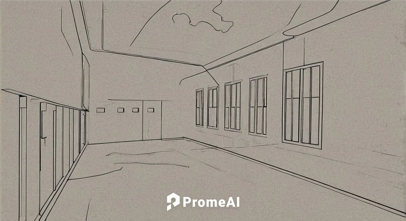 corridor,dormitory,hallway,hall,hallway space,empty hall,house drawing,rooms,line drawing,sheet drawing,classroom,frame drawing,lecture hall,passage,examination room,mono-line line art,class room,scho