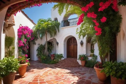 bougainvilleas,bougainvilleans,bougainvillea,breezeway,courtyards,palmilla,entryways,archways,provencal,entryway,masseria,doorways,cortile,hacienda,patios,courtyard,riad,patio,santa barbara,provencal life,Illustration,Retro,Retro 14