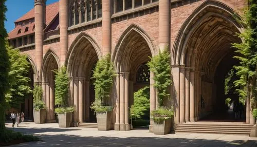 University of Washington, architecture building, Gothic style, brick exterior, grand entrance, stone columns, intricate carvings, lush greenery surrounding, sunny day, warm light casting long shadows,