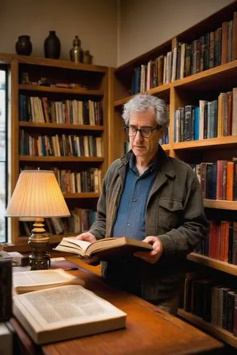 William Stout, architectural books, Montgomery Street, San Francisco, CA, mature man, bespectacled, gray hair, casual attire, holding book, standing, browsing, surrounded by bookshelves, wooden floor,