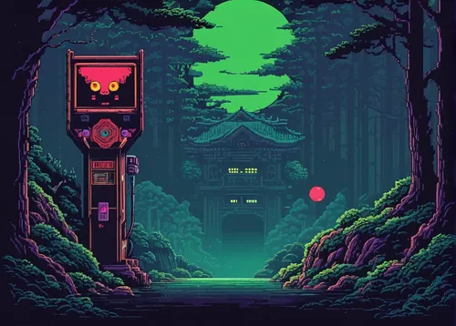 haunted forest,house in the forest,witch's house,pixel art,lantern,treehouse,dusk,the forest,lonely house,the woods,retro styled,forest path,forest,forest road,80's design,forest dark,dark park,the forests,cartoon forest,game art,Unique,Pixel,Pixel 04