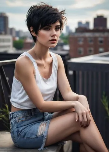 Jet black hair, pixie cut, messy texture, choppy layers, side swept bangs, bold eyebrows, subtle freckles, natural makeup, soft blush, glossy lips, slender neck, petite chest, fitted white tank top, h